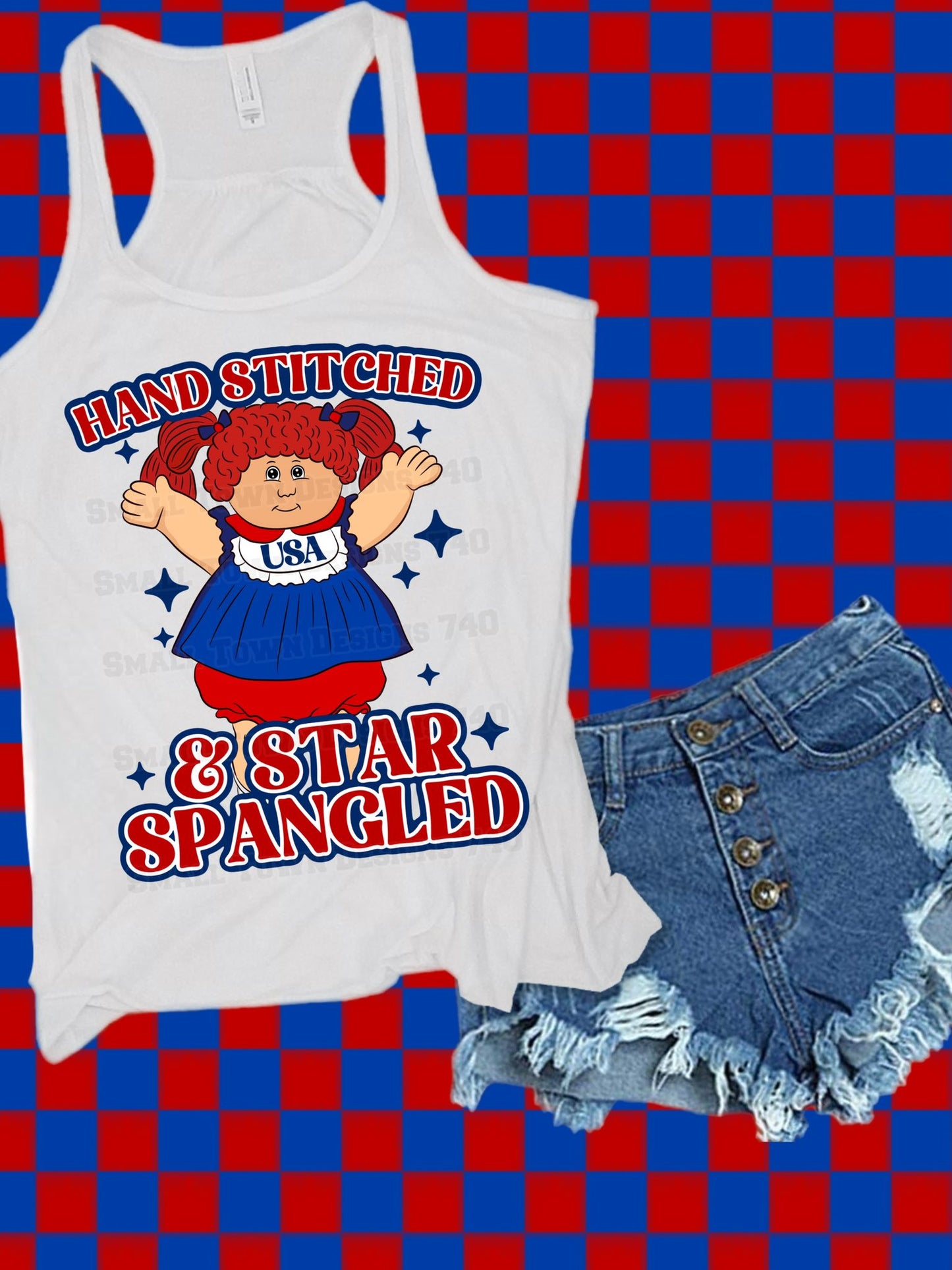 Hand stitched in Star-Spangled Banner (redhead)