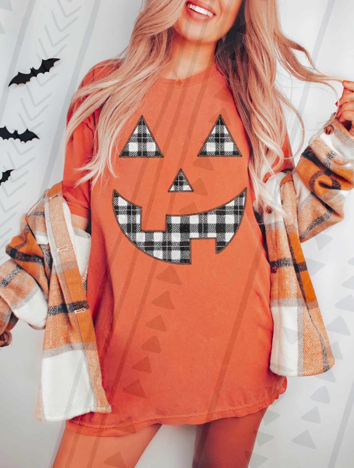 Plaid Pumpkin face (faux embroidery)