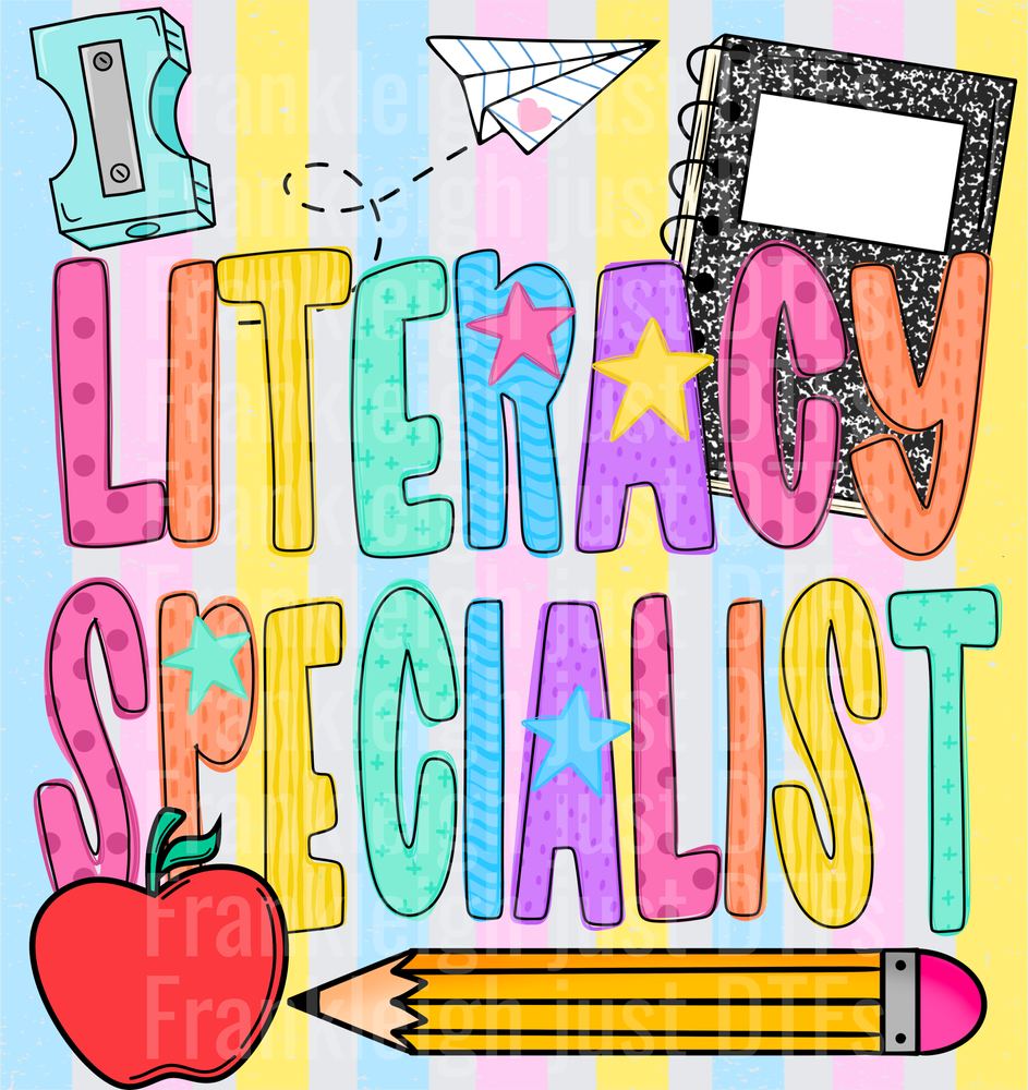 Literacy specialist Colorful School Supplies Doodle with Stars and Apple