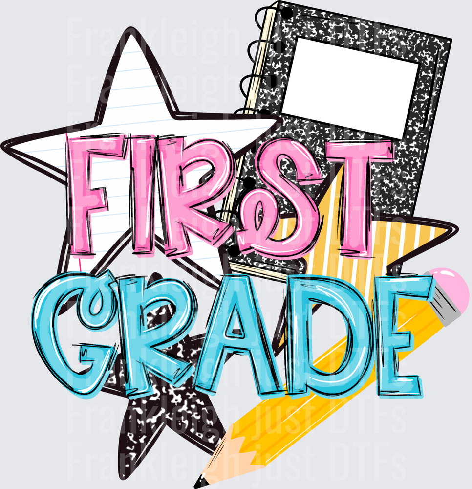 First Grade Pink and Blue Bold School Supply Design