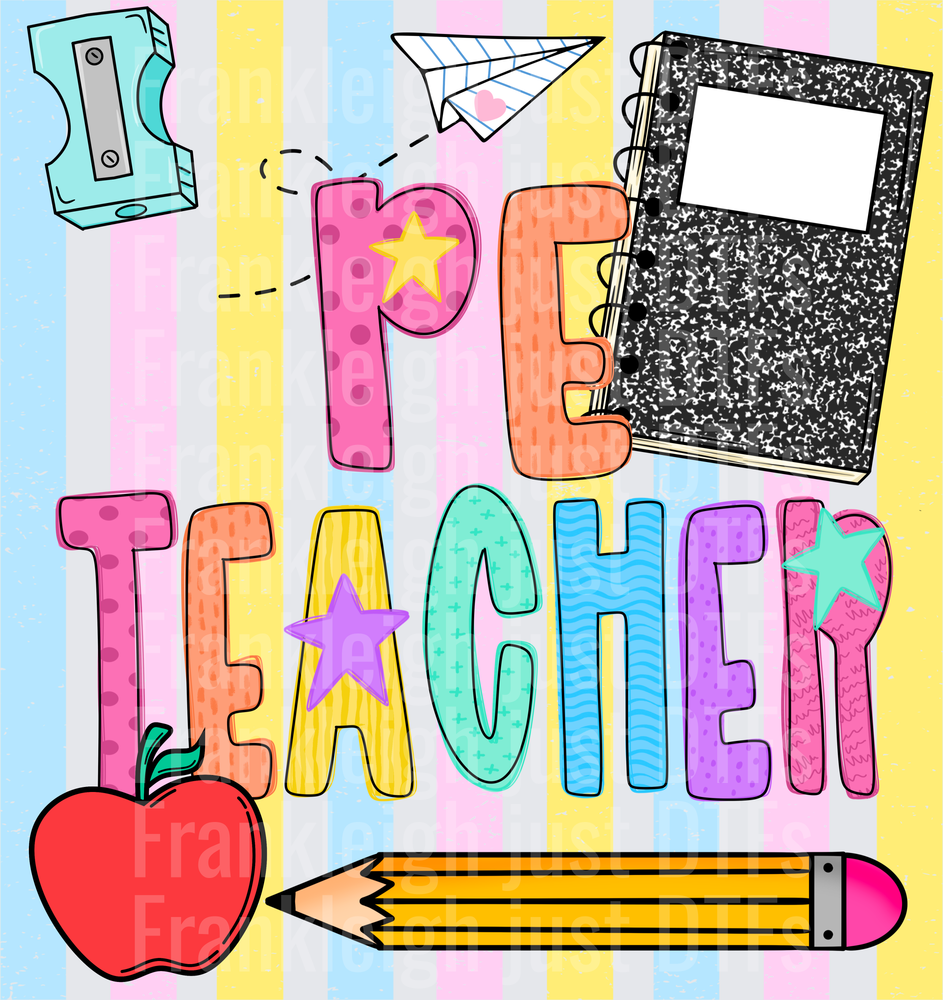 PE Teacher Colorful School Supplies Doodle with Stars and Apple
