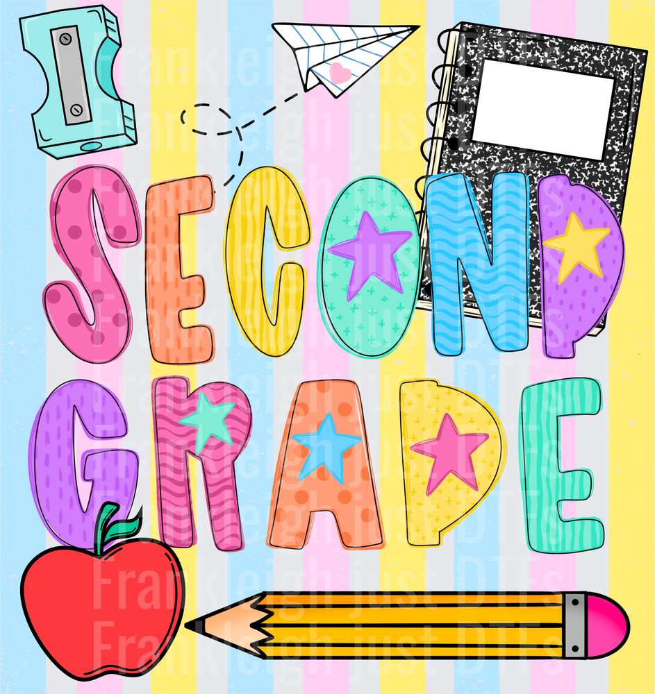 Second grade Colorful School Supplies Doodle with Stars and Apple