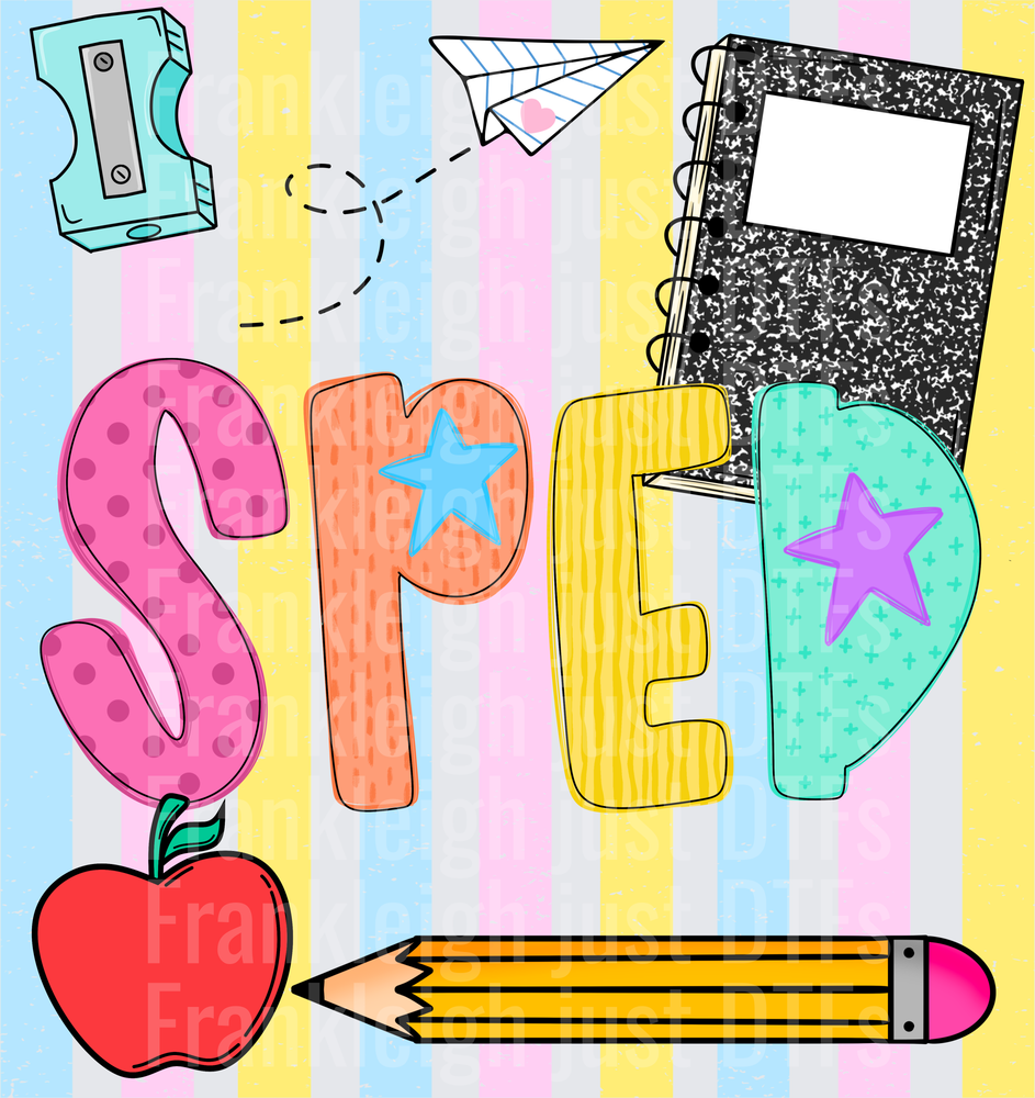SPED Colorful School Supplies Doodle with Stars and Apple