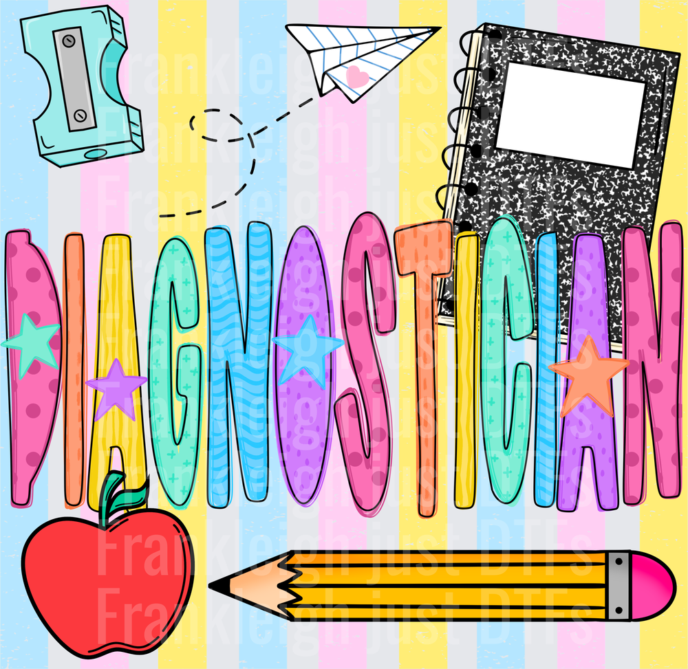 Diagnostician Colorful School Supplies Doodle with Stars and Apple