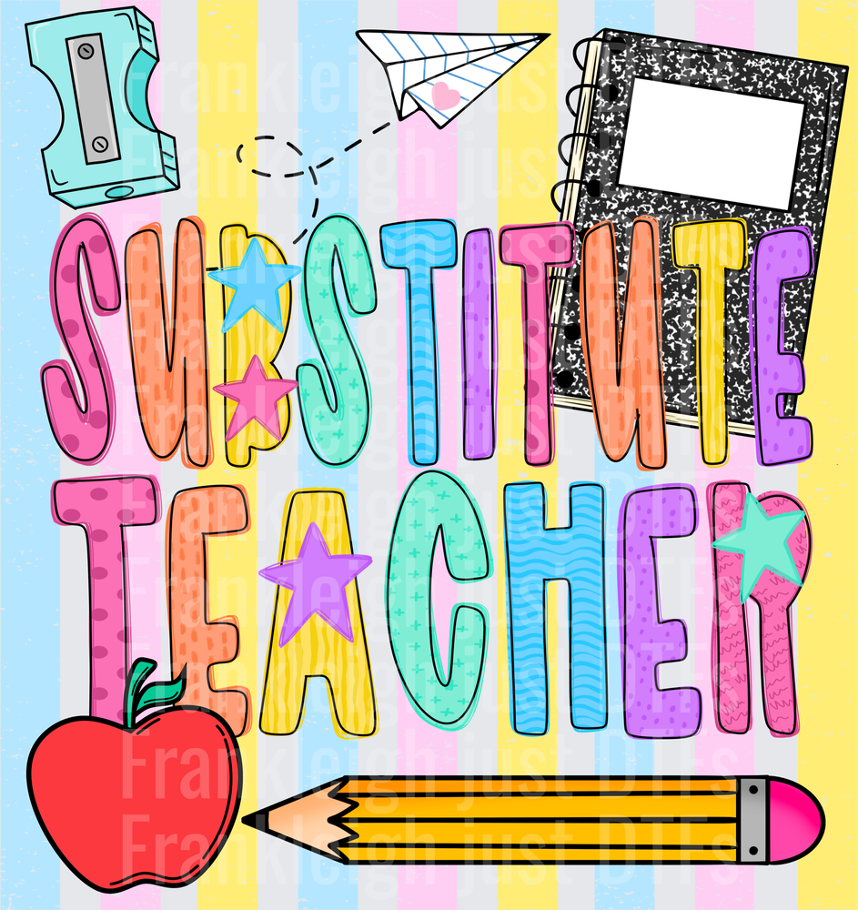 Substitute teacher Colorful School Supplies Doodle with Stars and Apple