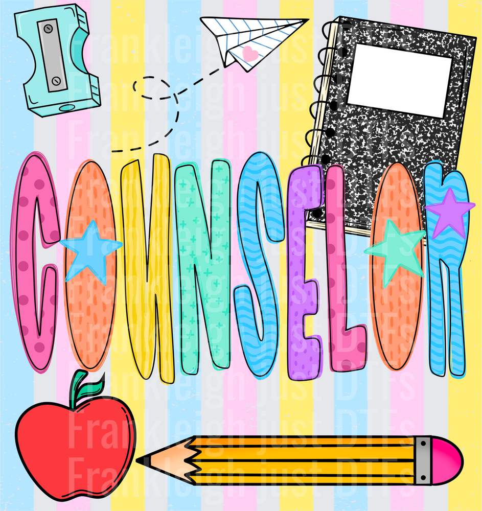 Counselor Colorful School Supplies Doodle with Stars and Apple