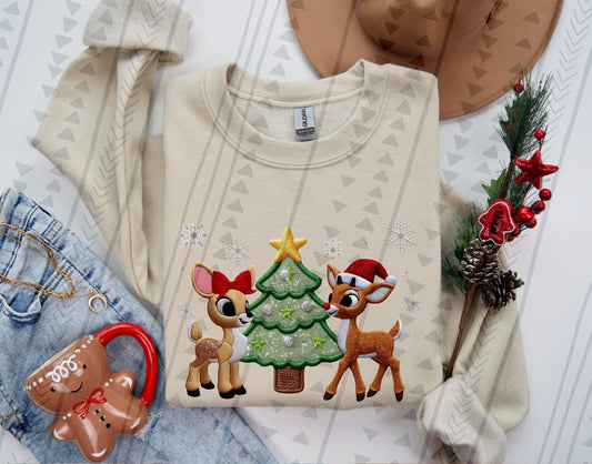 boy and girl Christmas Deer with Tree  Faux Embroidery (Copy)