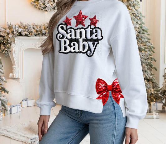 Santa Baby (Faux Glitter/Faux Embroidery) with side bows