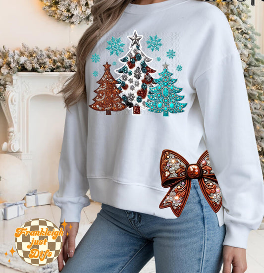 Western Christmas Trees with side bows (Faux Glitter/Faux Embroidery)