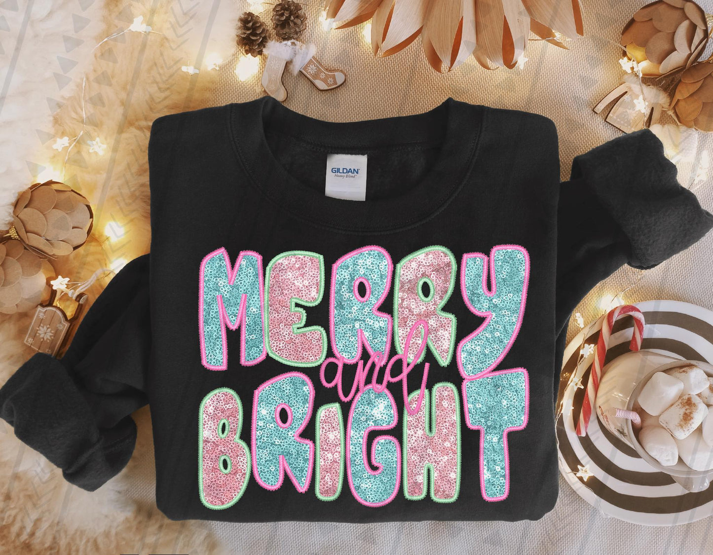 Merry and Bright (Light Pink and Light Blue) Faux Sequins/Embroidery