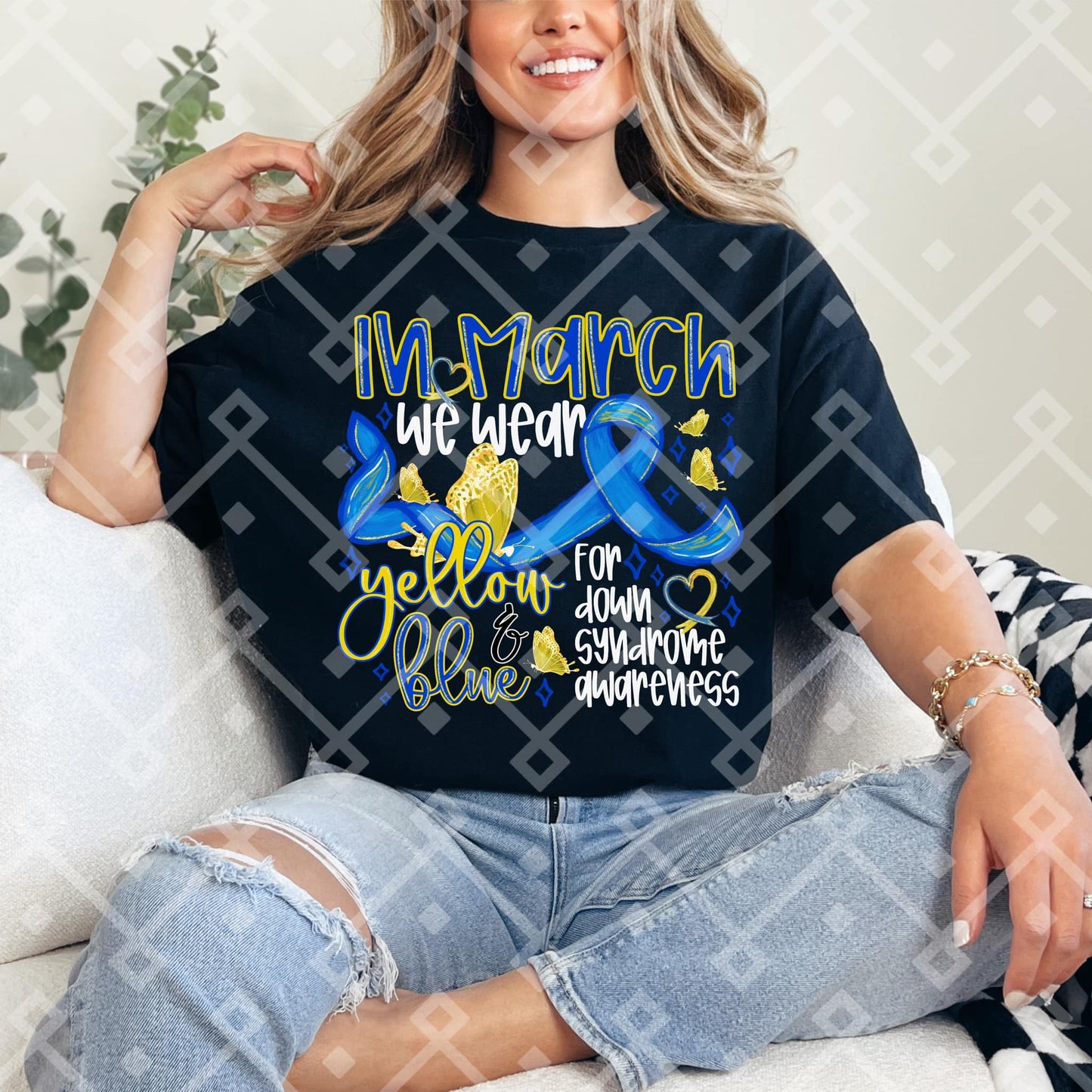 In March, we wear blue and yellow for down syndrome awareness (White or Black Letters)