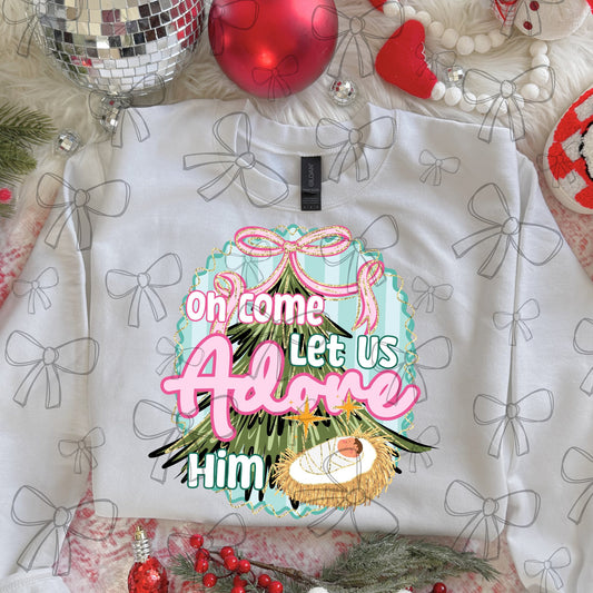 Oh come, let us adore him White letters