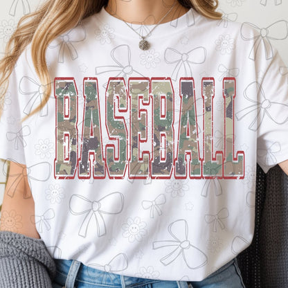Vintage distressed camo baseball red outline