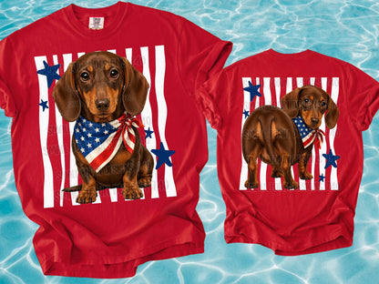 Patriotic Dachshund Wearing American Flag Bandana with Stars Front
