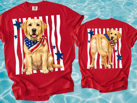 Golden Retriever Wearing American Flag Bandana with Blue Stars Back