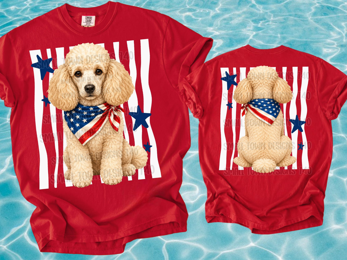 Patriotic Poodle with American Flag Bandana and Blue Stars Back
