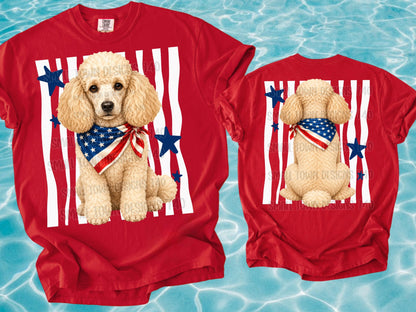 Patriotic Poodle with American Flag Bandana and Blue Stars Back
