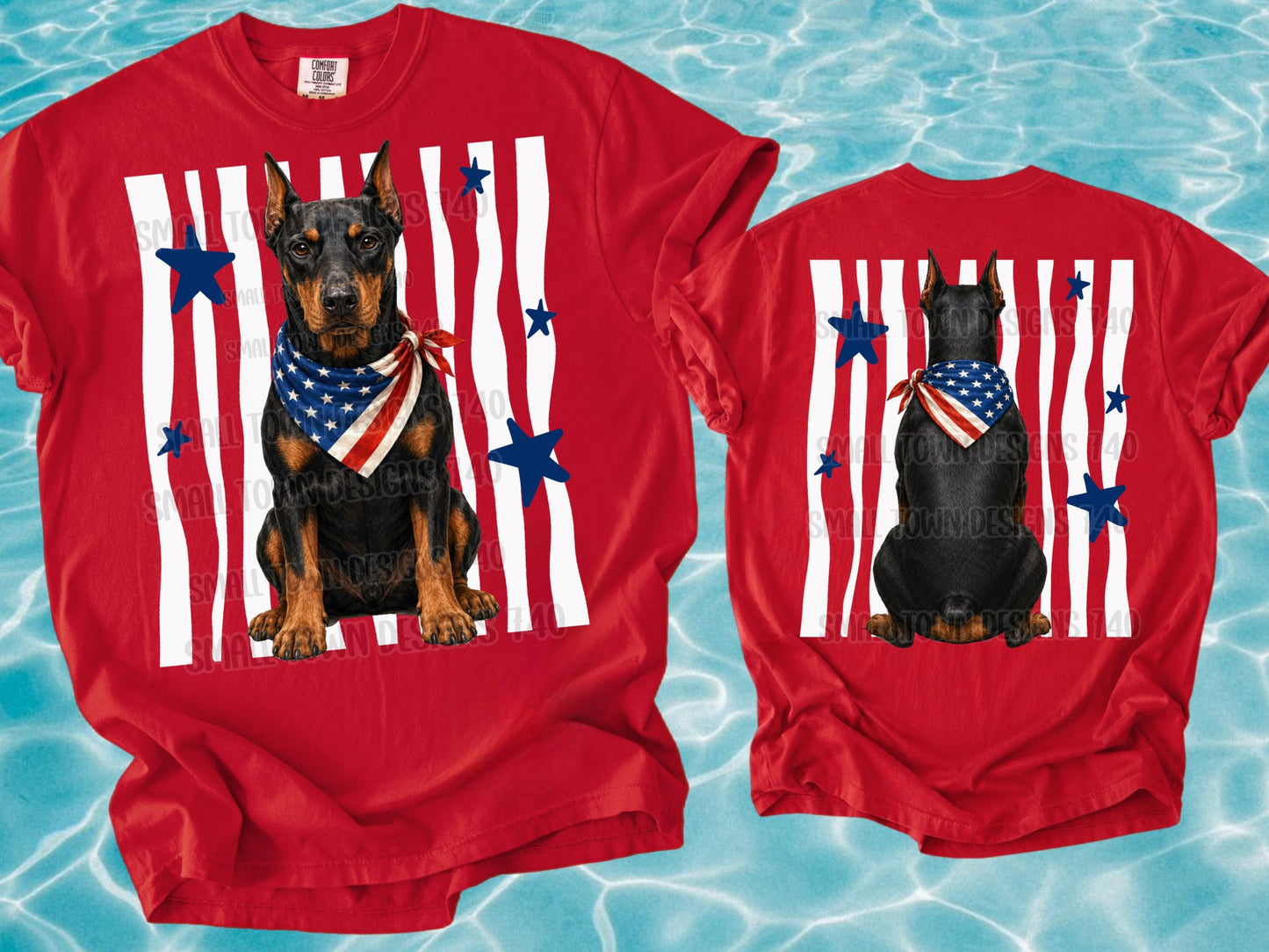 Patriotic Doberman with American Flag Bandana and Blue Stars (Back)