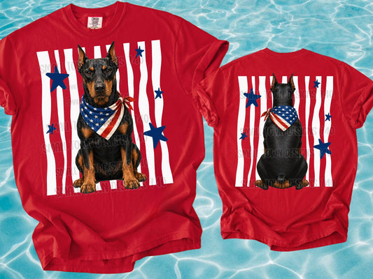 Patriotic Doberman with American Flag Bandana and Blue Stars (Back)