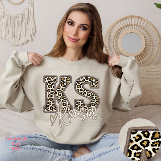 Kansas Leopard Faux Embroidery State