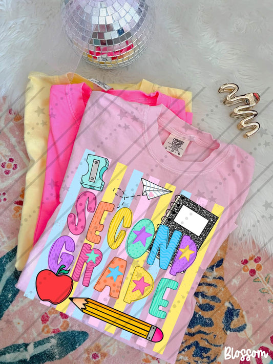 Second grade Colorful School Supplies Doodle with Stars and Apple