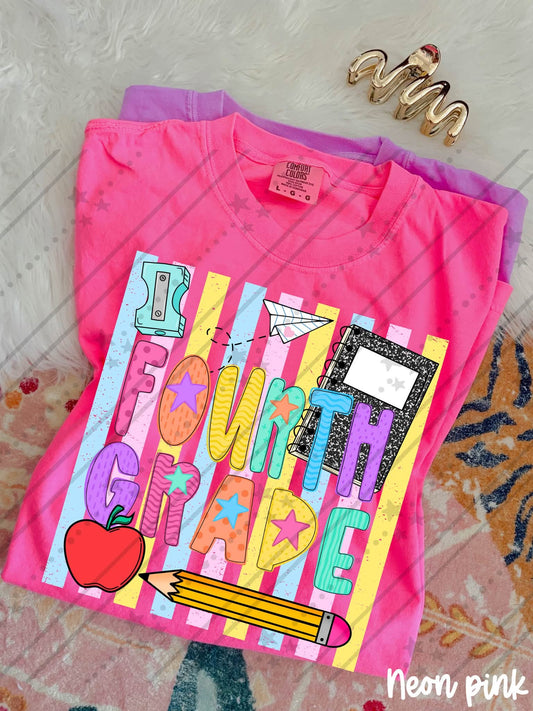 Fourth grade Colorful School Supplies Doodle with Stars and Apple