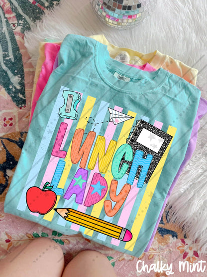 Launch lady Colorful School Supplies Doodle with Stars and Apple