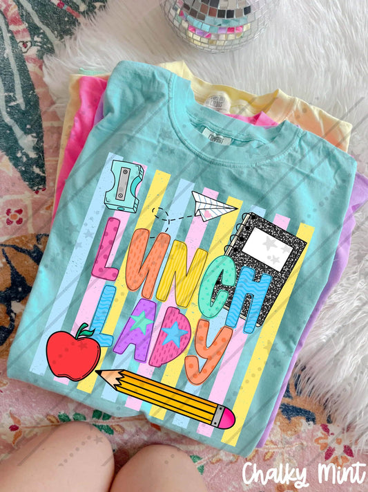 Launch lady Colorful School Supplies Doodle with Stars and Apple