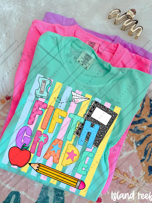 Fifth grade Colorful School Supplies Doodle with Stars and Apple