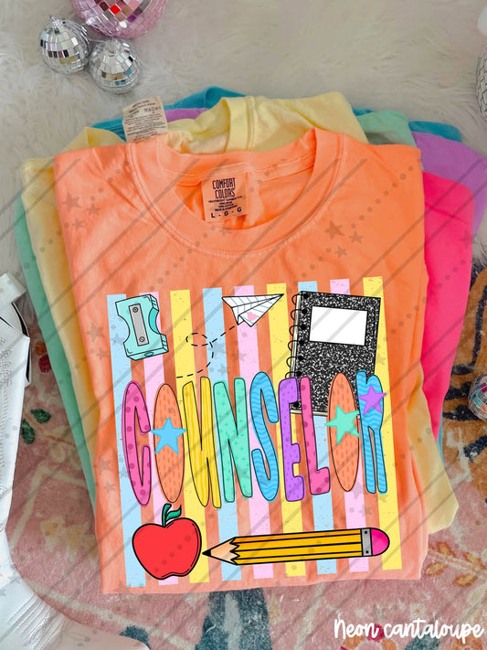Counselor Colorful School Supplies Doodle with Stars and Apple