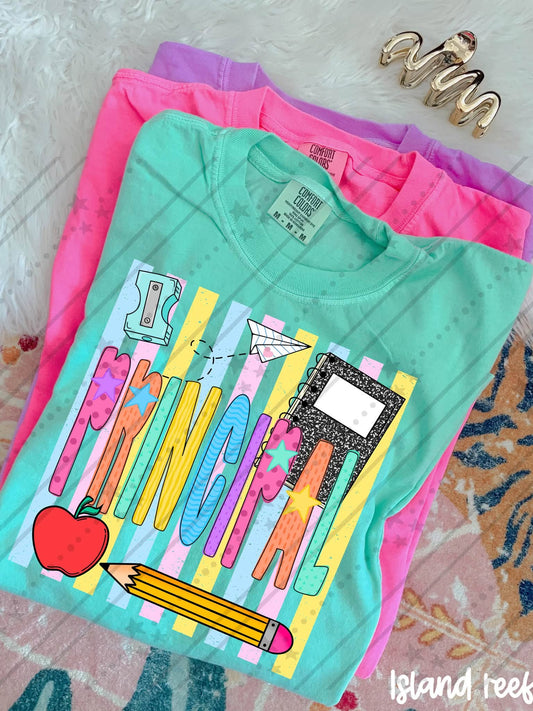 Principal Colorful School Supplies Doodle with Stars and Apple