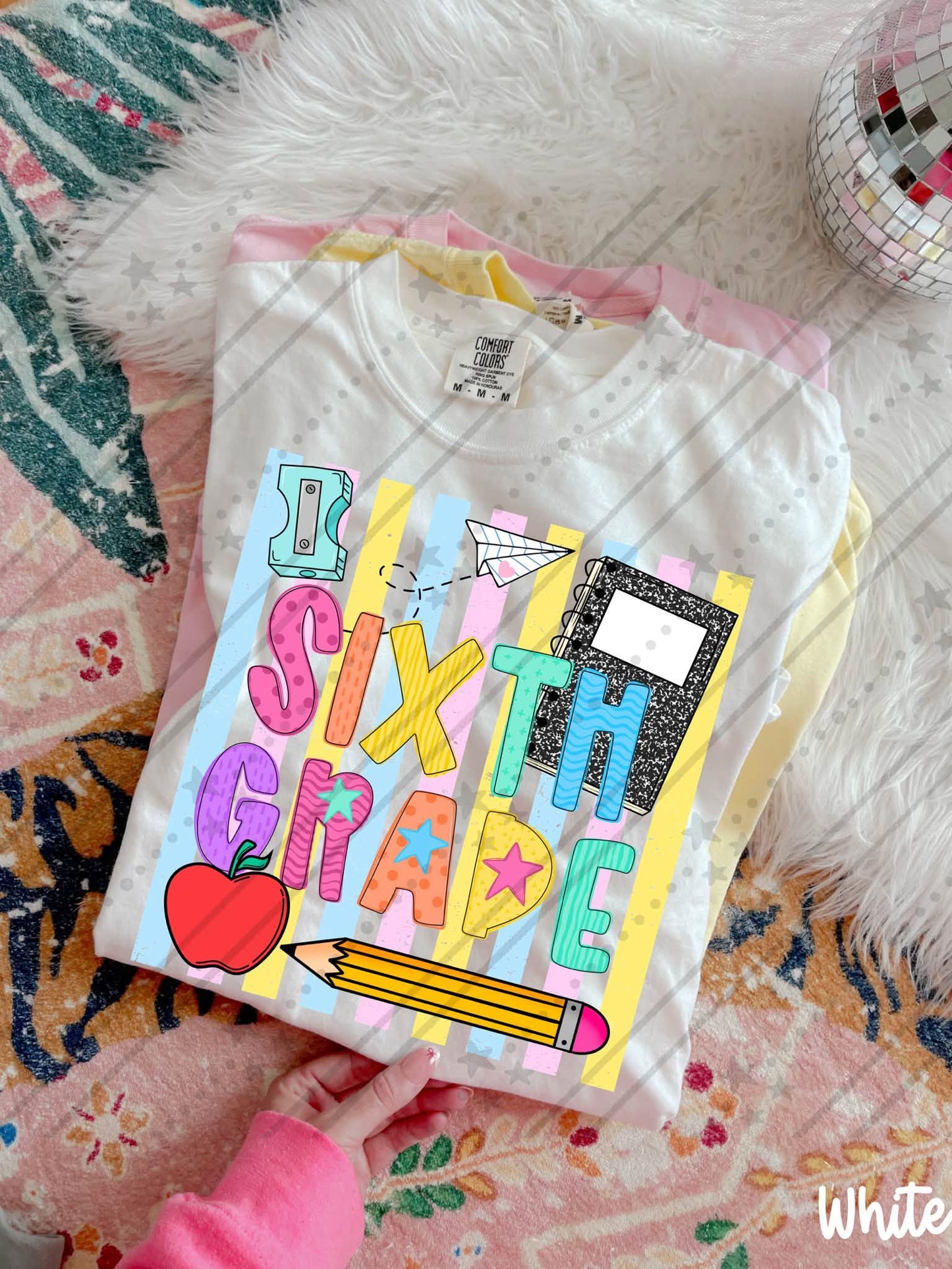 Sixth grade Colorful School Supplies Doodle with Stars and Apple