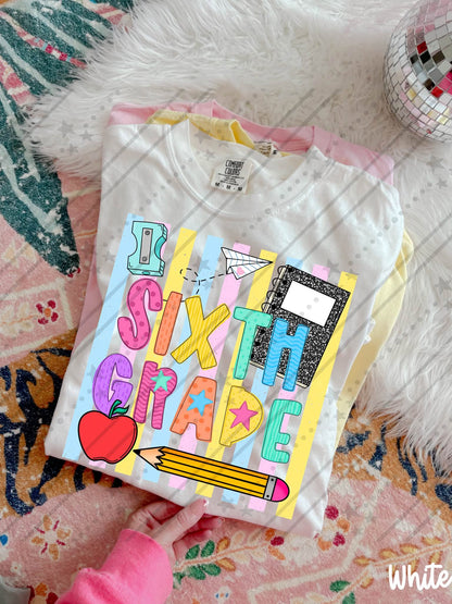Sixth grade Colorful School Supplies Doodle with Stars and Apple