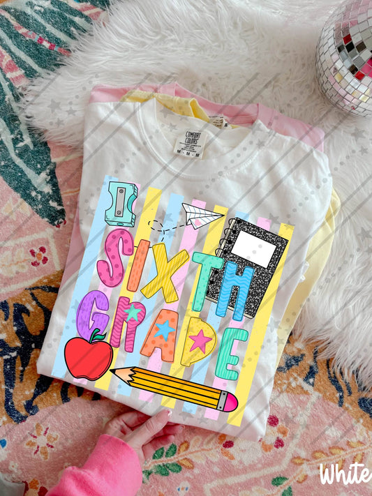 Sixth grade Colorful School Supplies Doodle with Stars and Apple