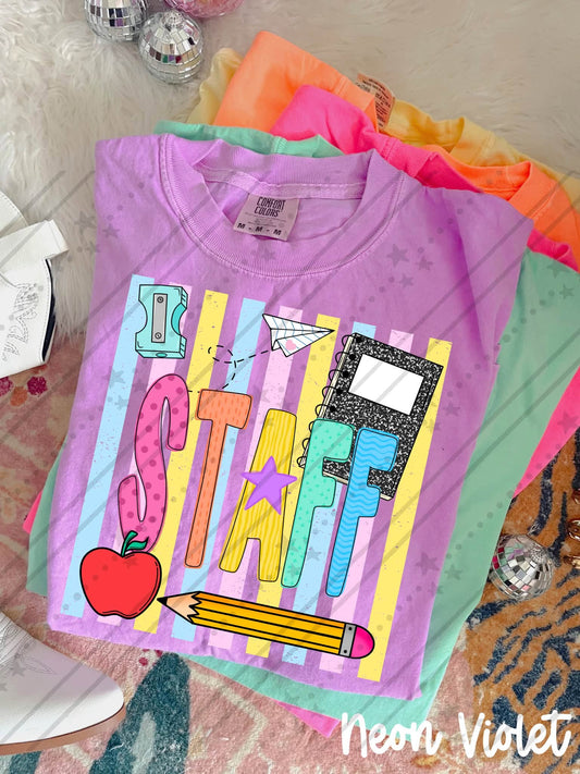 Staff Colorful School Supplies Doodle with Stars and Apple