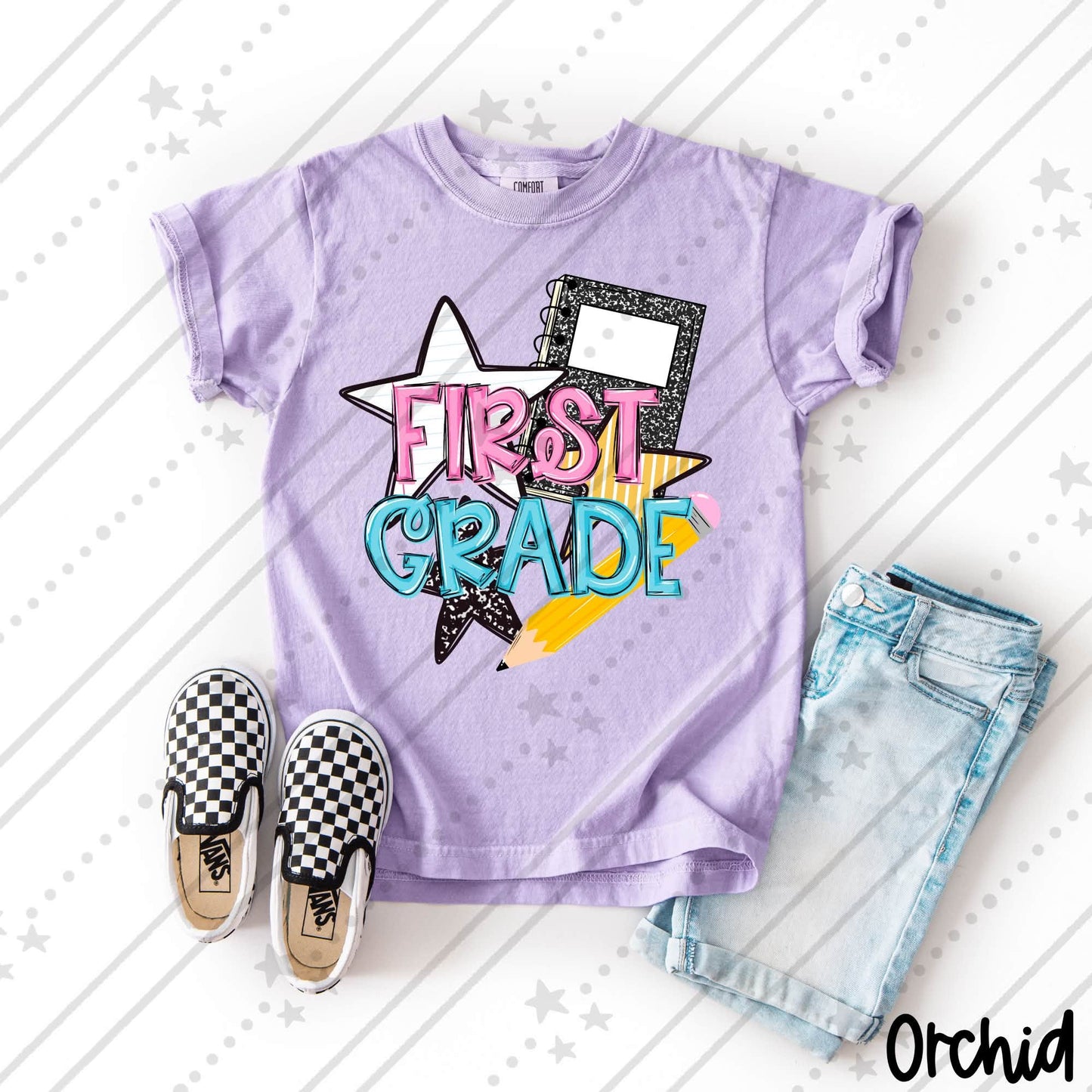 First Grade  Pink and Blue Bold School Supply Design