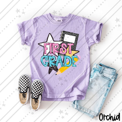 First Grade  Pink and Blue Bold School Supply Design