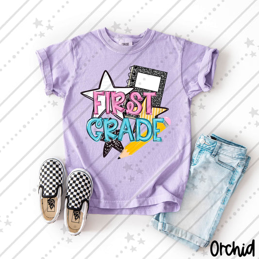First Grade  Pink and Blue Bold School Supply Design