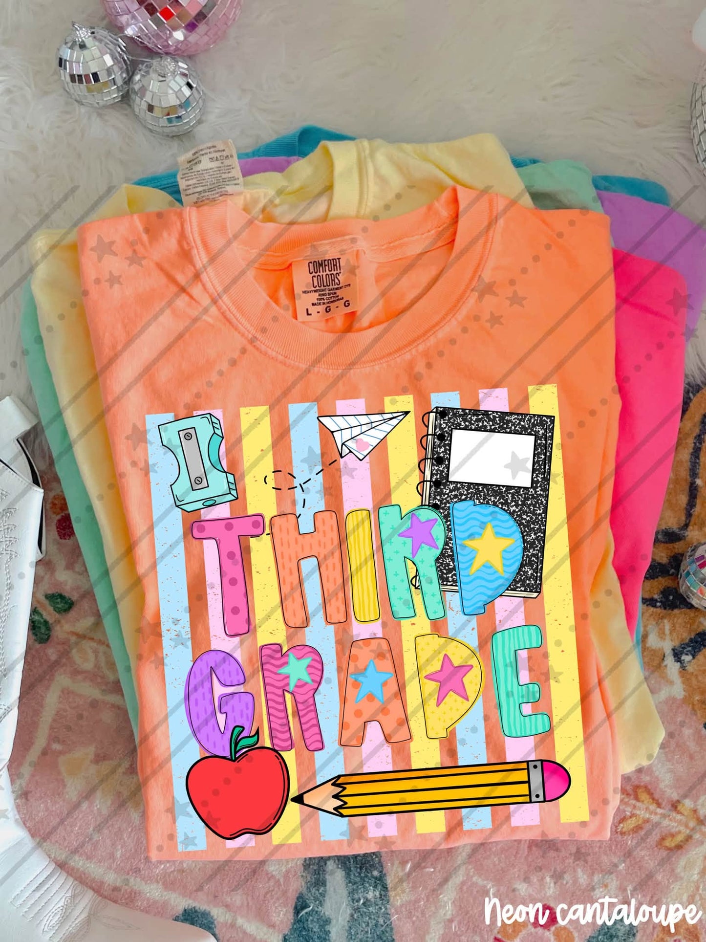 Third grade Colorful School Supplies Doodle with Stars and Apple