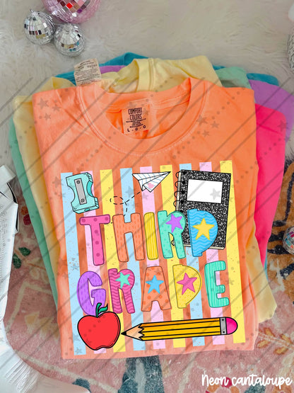 Third grade Colorful School Supplies Doodle with Stars and Apple