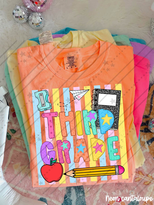 Third grade Colorful School Supplies Doodle with Stars and Apple