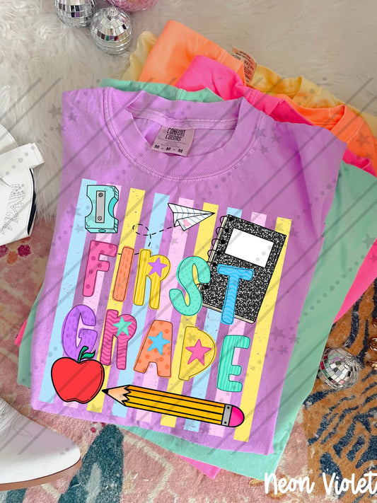 first grade Colorful School Supplies Doodle with Stars and Apple