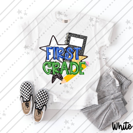 First Grade   Bold Text with Stars Pencil and Composition Notebook