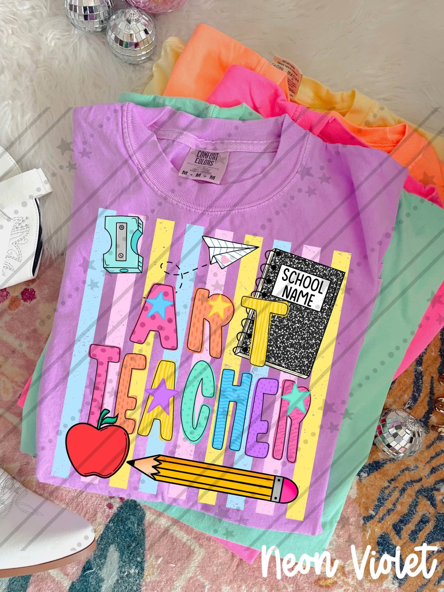 Art teacher Colorful School Supplies Doodle with Stars and Apple