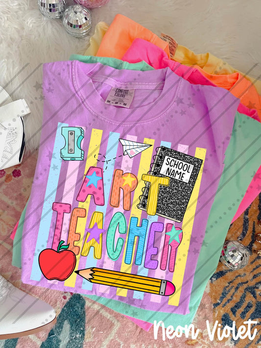 Art teacher Colorful School Supplies Doodle with Stars and Apple
