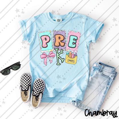 Pastel Pre-K Letters Cards Bow Crayons Back to School