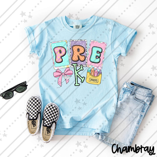 Pastel Pre-K Letters Cards Bow Crayons Back to School