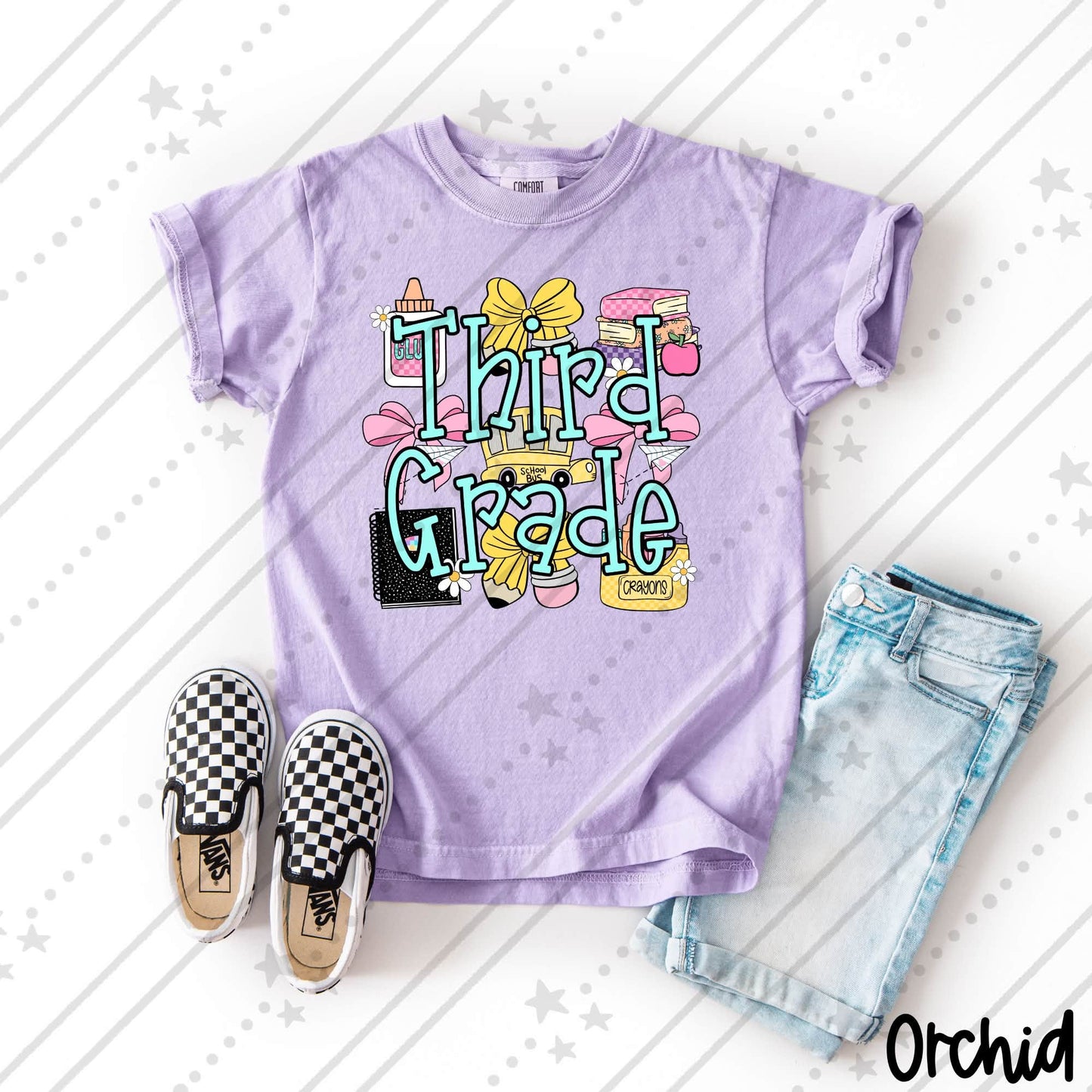 Third Grade  School Supplies Coquette Bow Pencil Crayon Glue Design