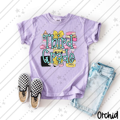 Third Grade  School Supplies Coquette Bow Pencil Crayon Glue Design