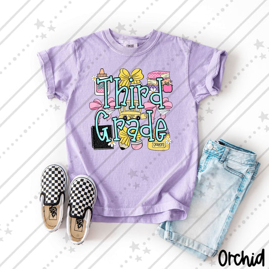 Third Grade  School Supplies Coquette Bow Pencil Crayon Glue Design